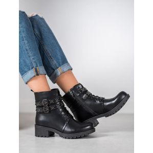 9996-7B Jedinečné černé kotníčkové boty dámské na širokém podpatku - EU 40