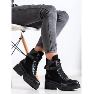 GOGO 20228B Designové dámské černé kotníčkové boty na širokém podpatku - EU 40